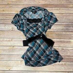 B•Wear By Amy Byer Teal Black Gray Plaid Belt Cowl Neck Size M Medium (Juniors)